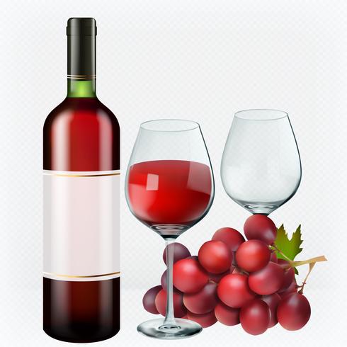 Vino tinto. Vasos, botella, uvas. Conjunto de iconos de vector realista 3D