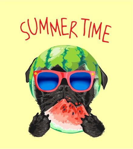 black pug dog in sunglasses and watermelon illustration vector