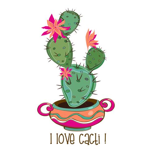 Cactus en una bonita olla de barro. Inscripción. Me encantan los cactus. Vector