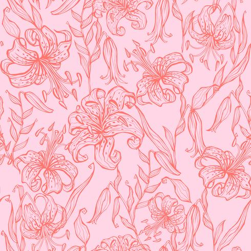 Seamless pattern. Lilies on pink background. Vector. vector