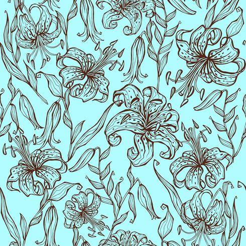 Seamless pattern of Lily flowers on turquoise background. Vector. vector