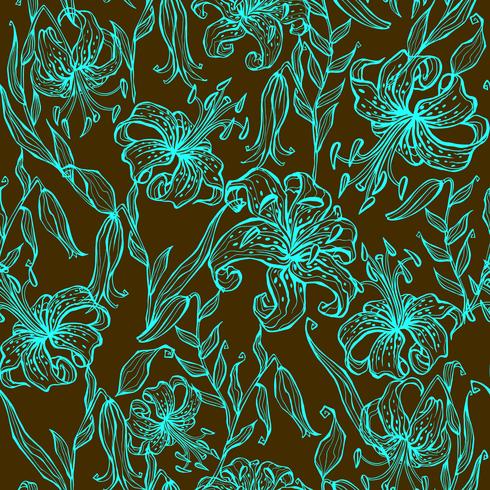 Seamless pattern.Turquoise lilies on a brown background. Graphics. Vector. vector