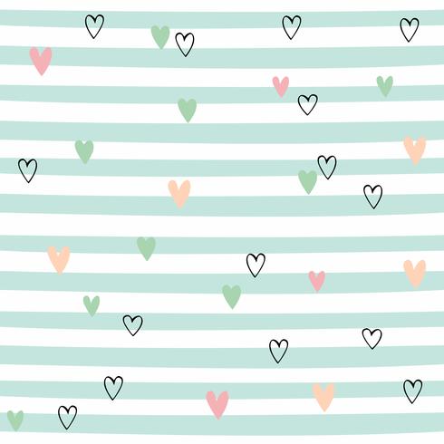 Striped seamless pattern with hearts. Cute pattern with green stripes. Vector