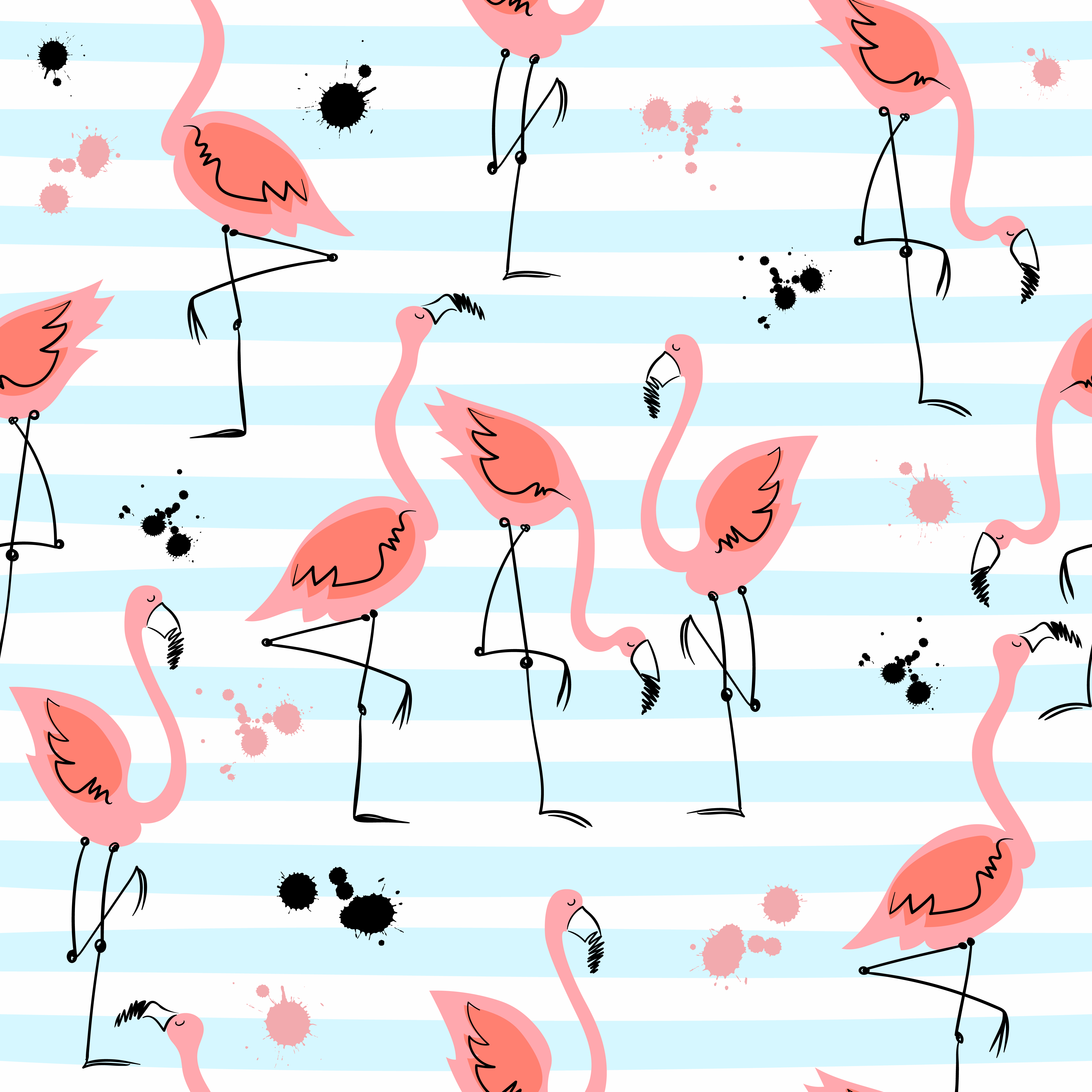 Seamless pattern with flamingos on striped background. Summer motifs