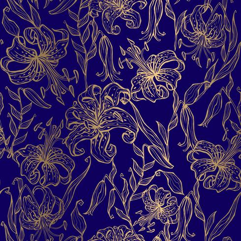 Golden lilies on a dark blue background. Seamless pattern. Vector
