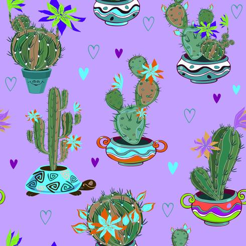 Blooming cacti in funny pots. Seamless pattern. Vector. vector
