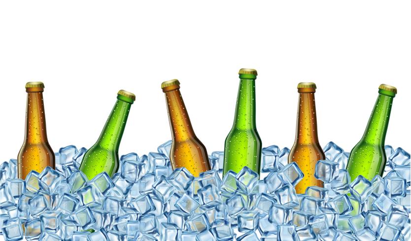 Botellas de cerveza sobre hielo. Ilustración realista del vector. vector