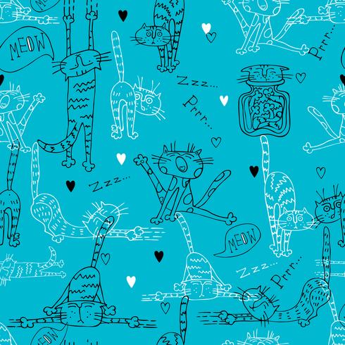 Seamless pattern with fun Doodle cats. On a turquoise background. Vector