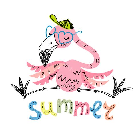 Funny Flamingo with glasses and a cap. Summer motifs. Vector. vector