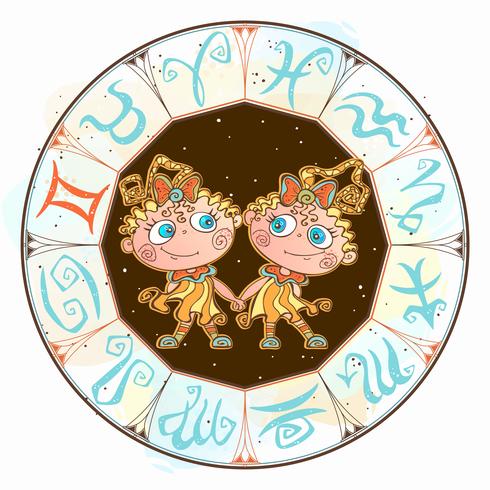 Horoscope for children sign Gemini in the zodiac circle. Vector