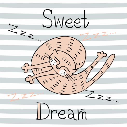 Sleeping cat. Sweet dream. Inscription. Cute style. vector