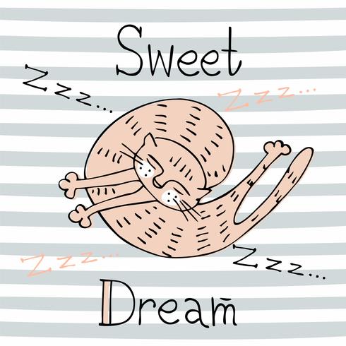 Gato durmiendo Dulces sueños. Inscripción. Estilo lindo vector