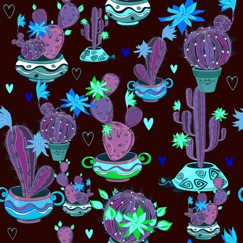 Cactus florecientes en macetas graciosas. Patrón sin costuras Vector. vector