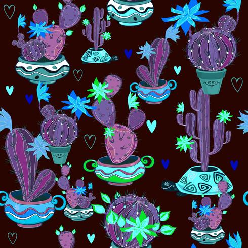 Blooming cacti in funny pots. Seamless pattern. Vector. vector