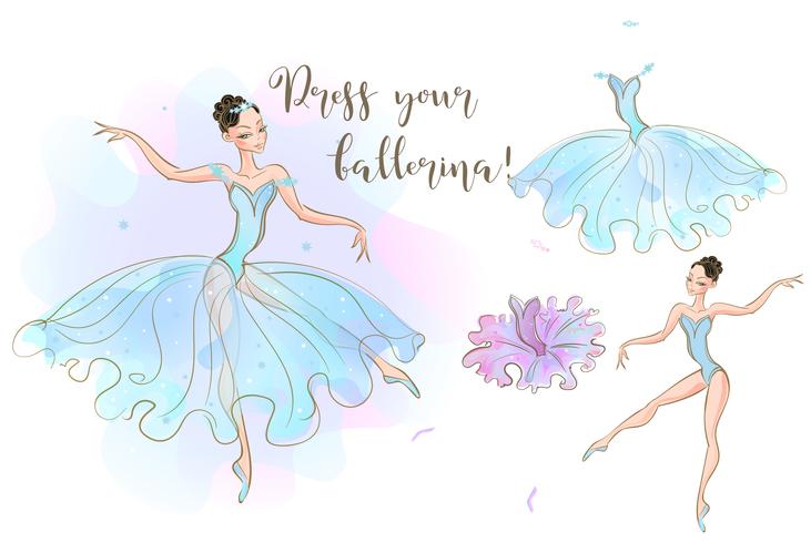 Set for girls. A ballerina doll and a set of clothes made of two dresses. Vector. vector