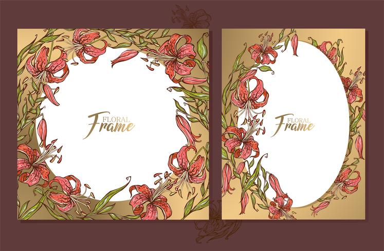 Set of gold wedding frames cards with a bouquet of lilies. vector