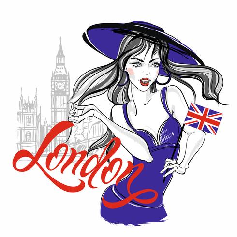 Girl model in a hat on the background of big Ben in London. Lettering. Vector. vector