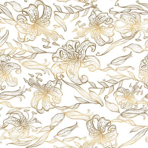 Seamless pattern.Gold lilies on white background. Vector. vector