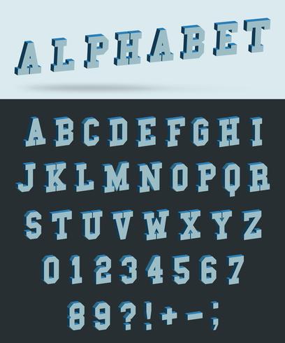 Isometric alphabet font with 3d effect letters and numbers vector