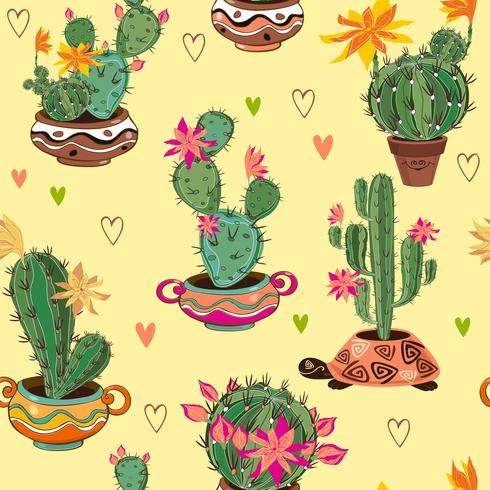 Hand drawn decorative seamless pattern with cacti and succulents. vector