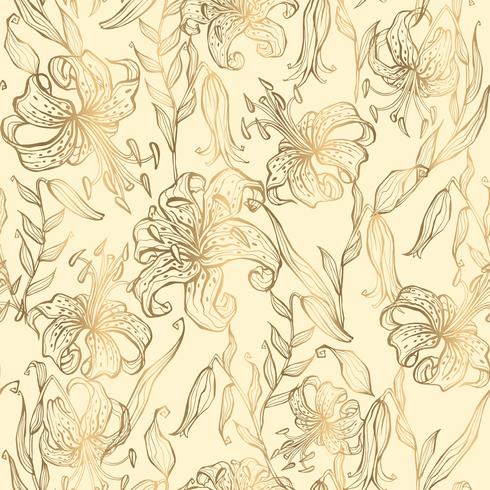 Seamless pattern.Gold lilies on a vanilla background. Vector