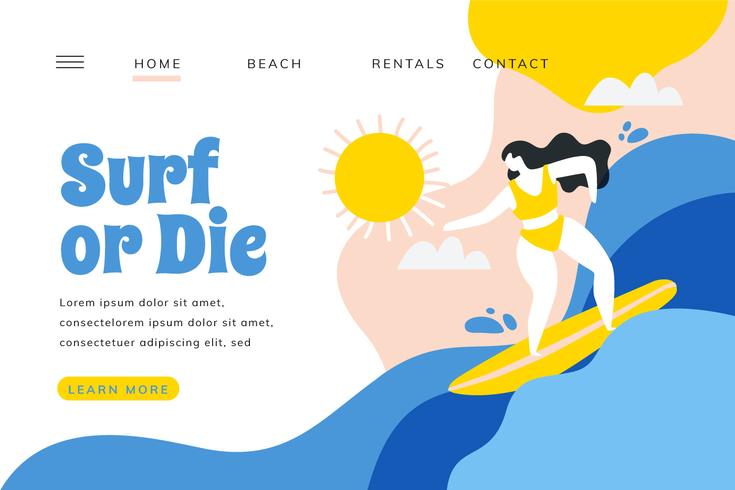 Surf Landing Page Con Chica Surfeando Con Paisaje vector