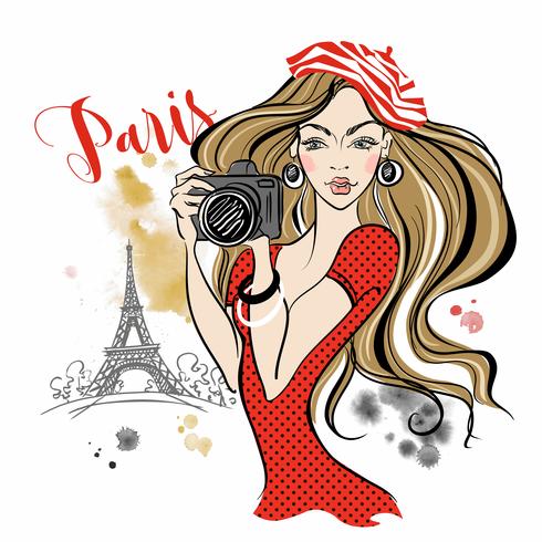 Chica turista con una cámara tomando fotos de las atracciones de Paris.Travel. Torre Eiffel. Vector. vector