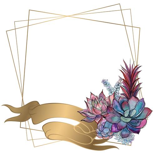 Gold frame with a bouquet of succulents. Vector. vector