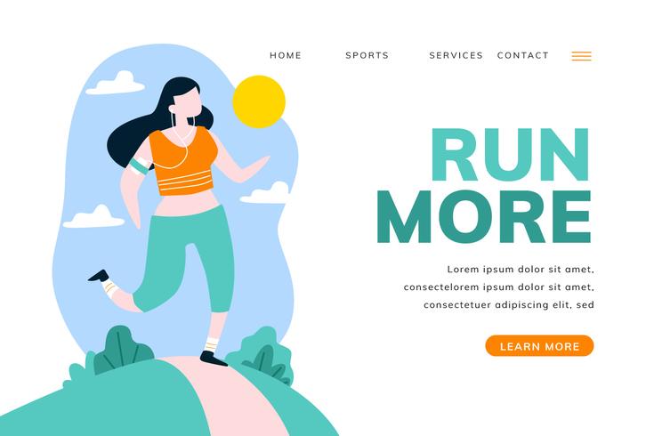 Sport Landing Page con mujer corriendo en el paisaje vector