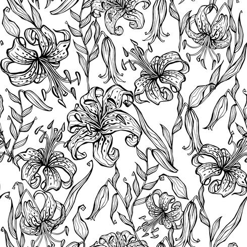 Black and white seamless pattern with lilies. Coloring. Vector