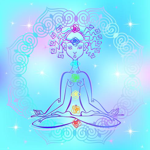 Chica en la posición de loto y chakras del hombre. Energía de Reiki. Vector