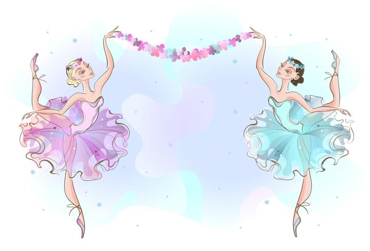 Frame postcard with two ballerinas dancers. Vector