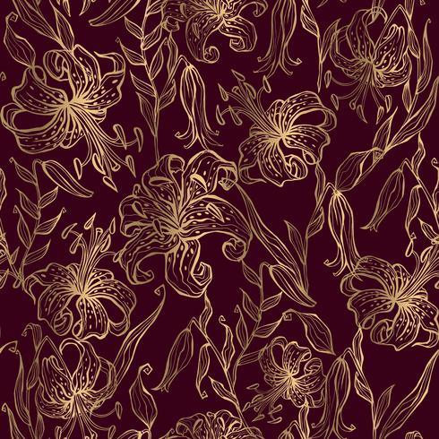 Gold lilies on a Burgundy background. Seamless pattern. Vector