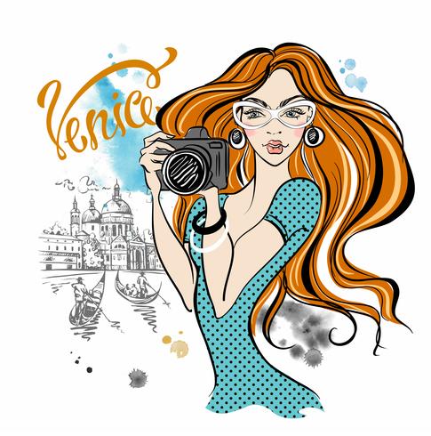 Chica turista con una cámara tomando fotos de las atracciones de Venice.Travel. Italia. Vector. vector