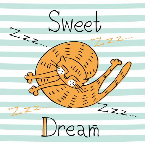 Sleeping red cat on a striped background. Nice style. Vector