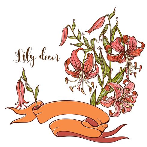 Holiday card with ribbon and bouquet of lilies. Vector. vector