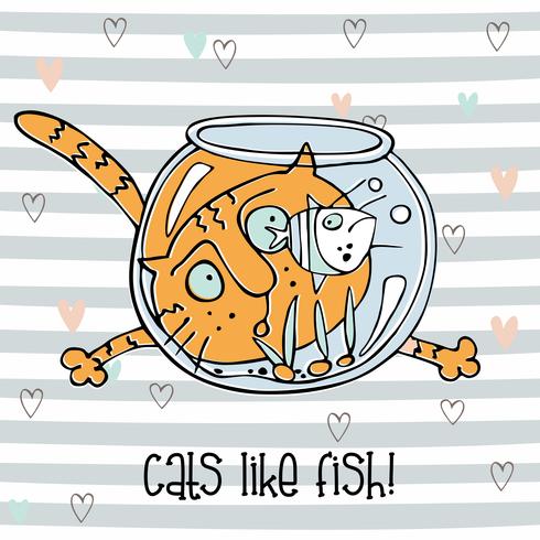 Cheerful cat watching fish in the aquarium. Cute Doodle style . Striped background. Vector