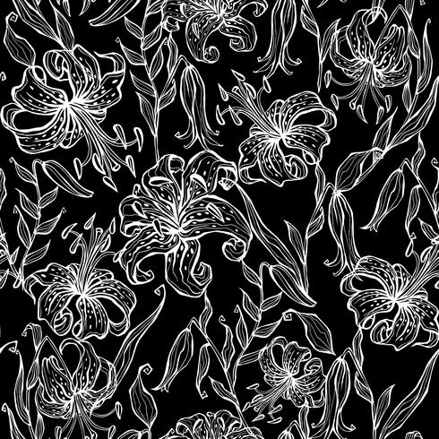 Seamless pattern with lilies. Monochrome. Graphics. Vector