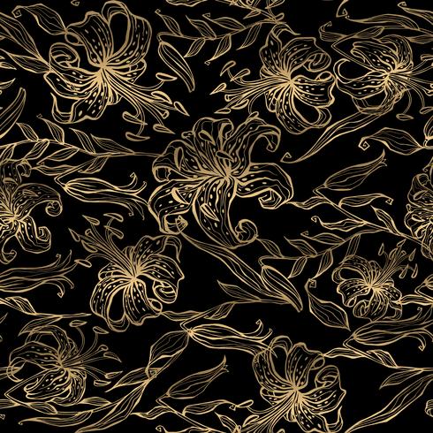 Patrón floral de oro sobre fondo negro. Ramo de lirios. Vector