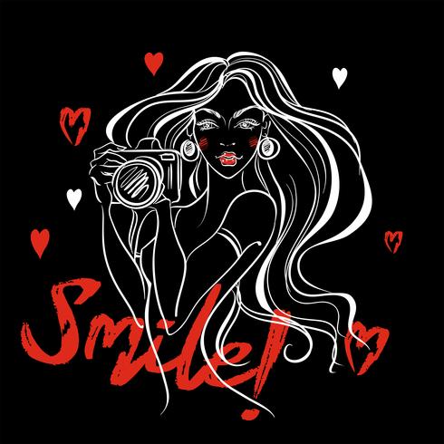 The girl takes pictures with a camera. Smile. Inscription. Vector. vector
