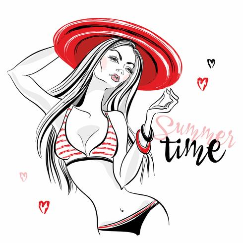 Girl model in swimsuit. Summer vibration. Vector