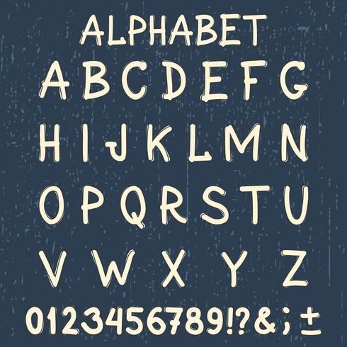 Hand made font. Handwritten alphabet. Original Letters and Numbers. The vintage retro hand-drawn typeface with grunge background. vector