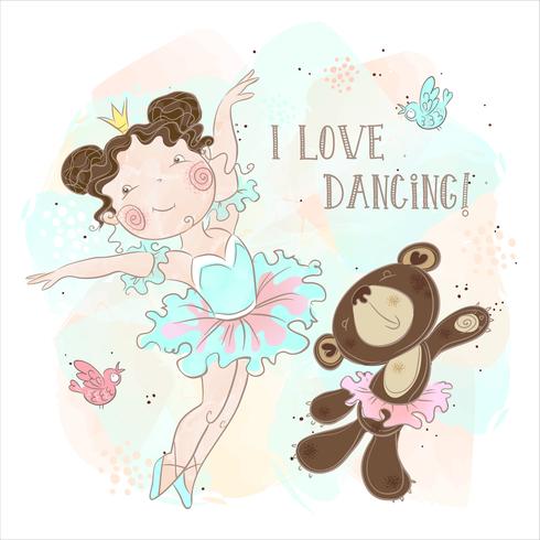 Pequeña bailarina bailando con un oso. Amo bailar. Inscripción. Vector