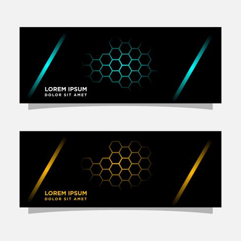 Abstract black banner technology concept design. Glossy gold and blue color vector