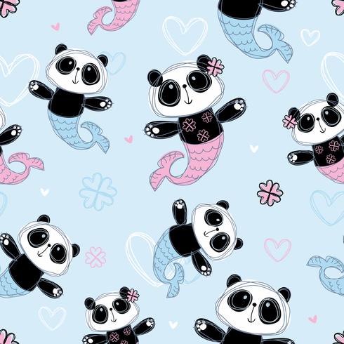 Patrón sin costuras Sirena linda de la panda en fondo azul. Vector