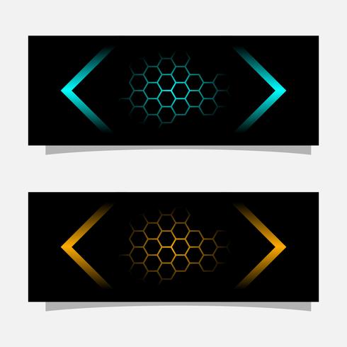 Abstract black banner technology concept design. Glossy gold and blue color vector