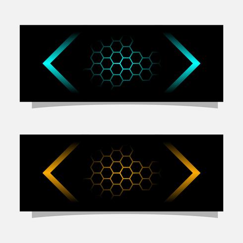 Diseño de concepto negro abstracto de la tecnología de la bandera. Oro brillante y color azul. vector