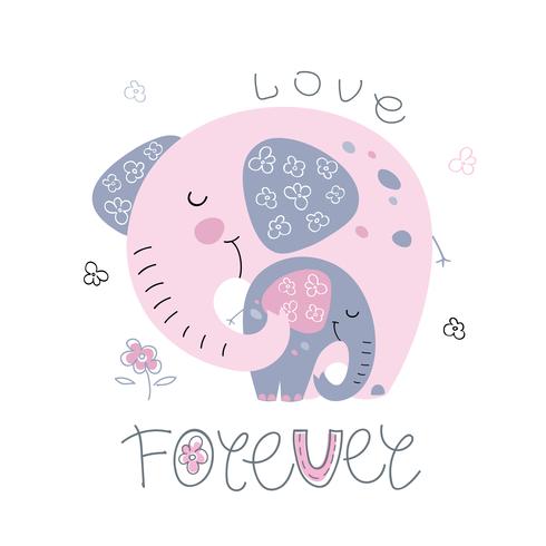 Elephant with a baby elephant in a cute style. Together forever. Inscription. Vector