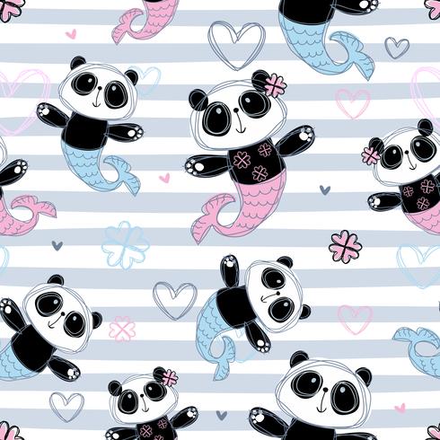 Seamless pattern. Mermaid Panda on striped background. Vector