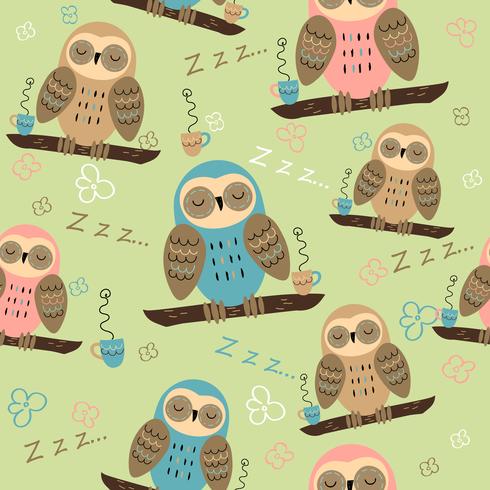 Sleeping owls on a branch. Seamless pattern for pajamas. On a green background. Vector. vector